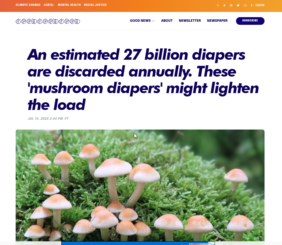 An estimated 27 billion diapers are discarded annually. These 'mushroom diapers' might lighten the load