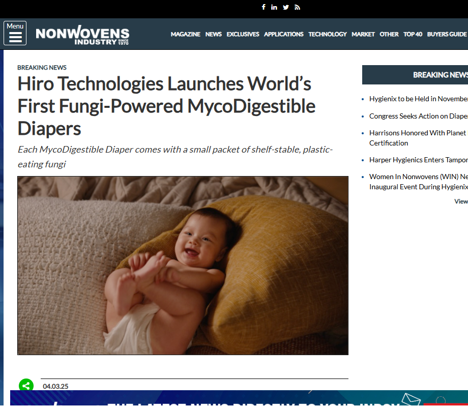 Nonwovens: Hiro Technologies Launches World’s First Fungi-Powered MycoDigestible Diapers